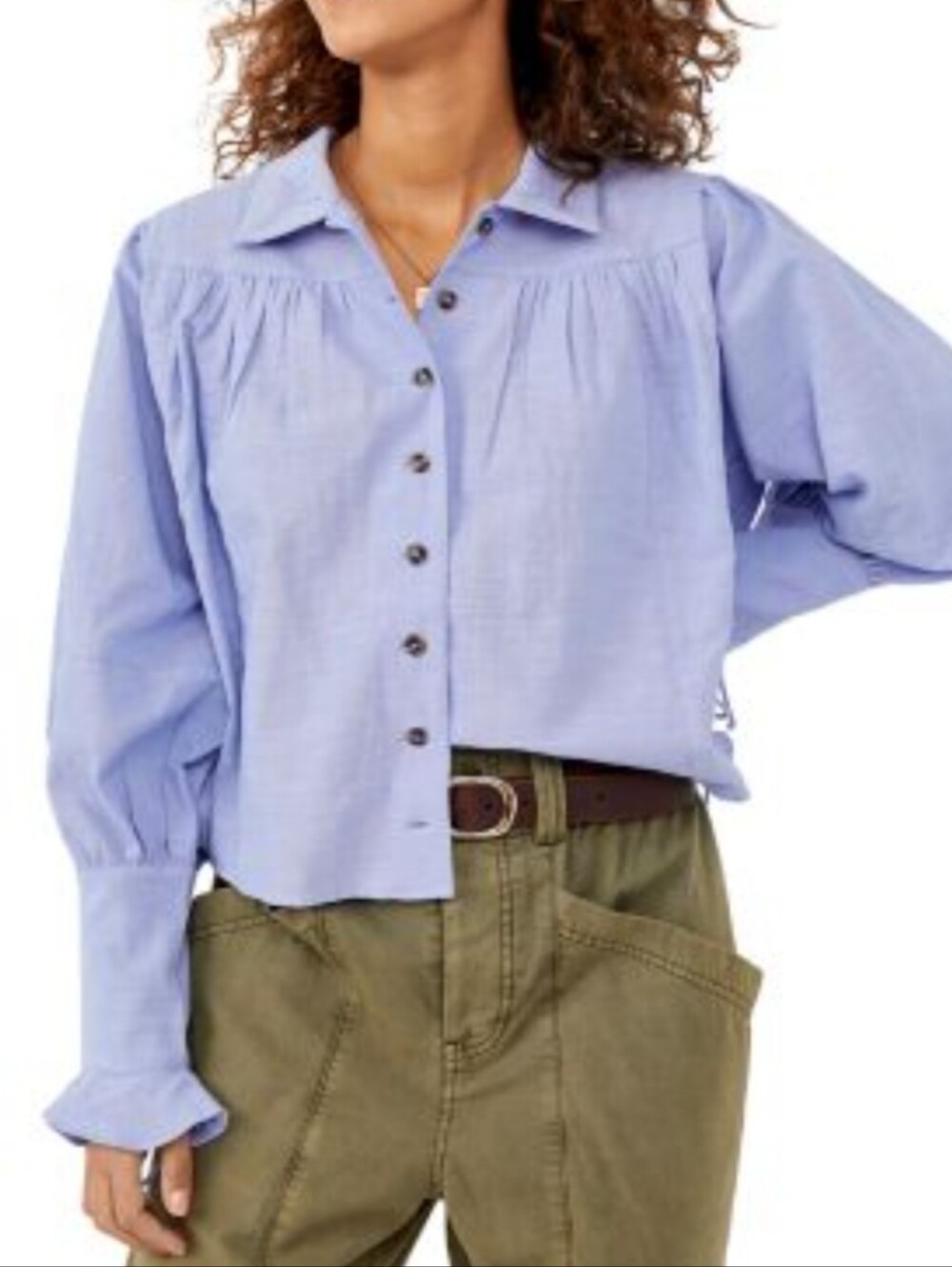 Free People Kiss Kiss Laced Cuff Blouse Lavender Blue Button-Front Peasant M